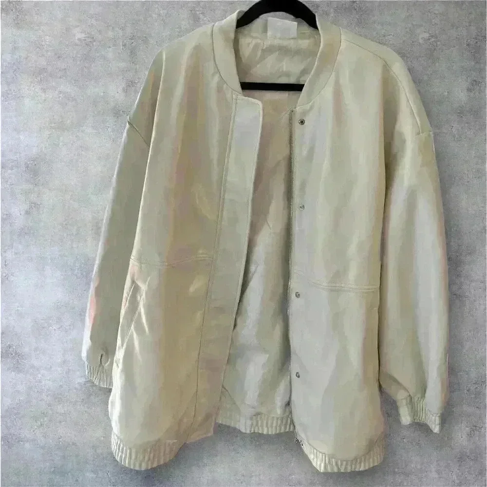 Maeve by Anthropologie ivory women's Oversized Faux Leather Bomber Jacket size L
